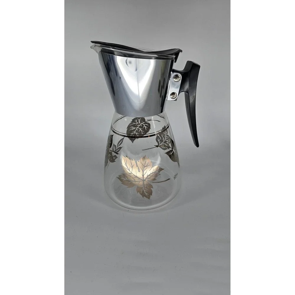 Vintage Colony‎ Silver Leaf Glass Coffee Carafe Heatproof MCM Server USA Chrome